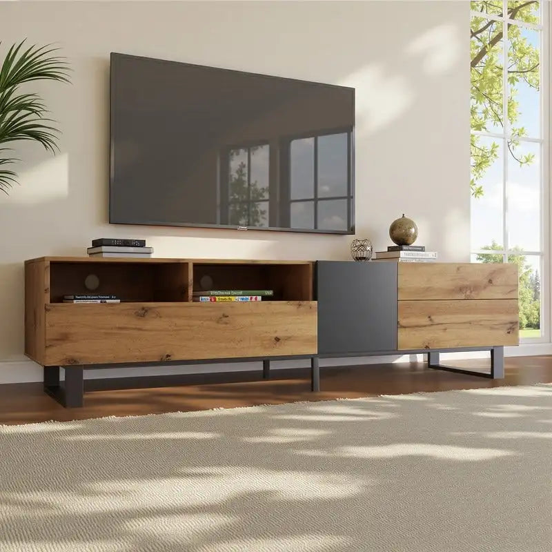 Meuble TV de 178 cm avec portes abattantes, tiroirs et étagères ouvertes