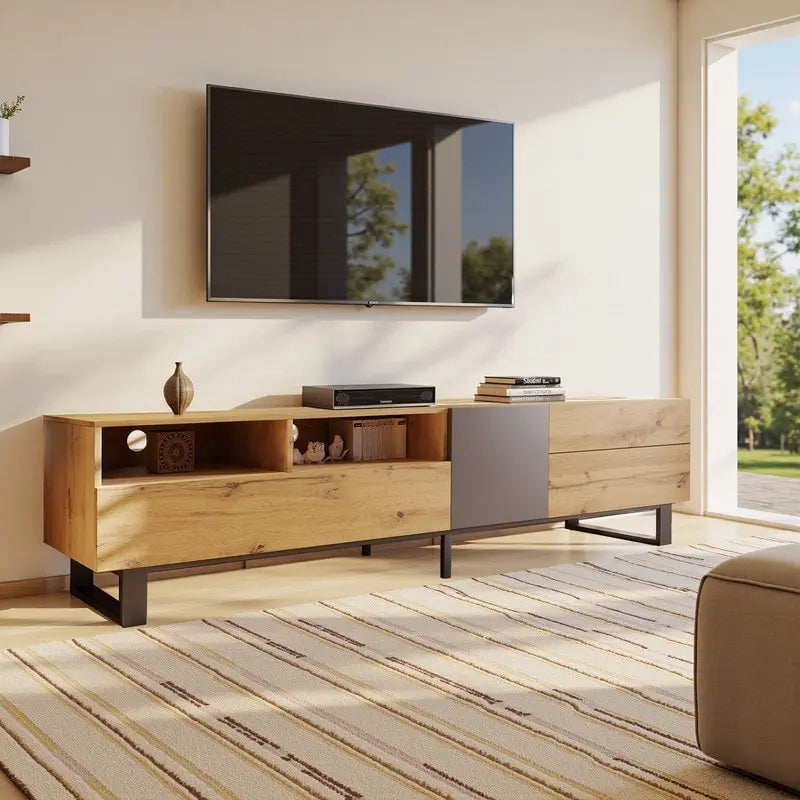 Meuble TV de 178 cm avec portes abattantes, tiroirs et étagères ouvertes