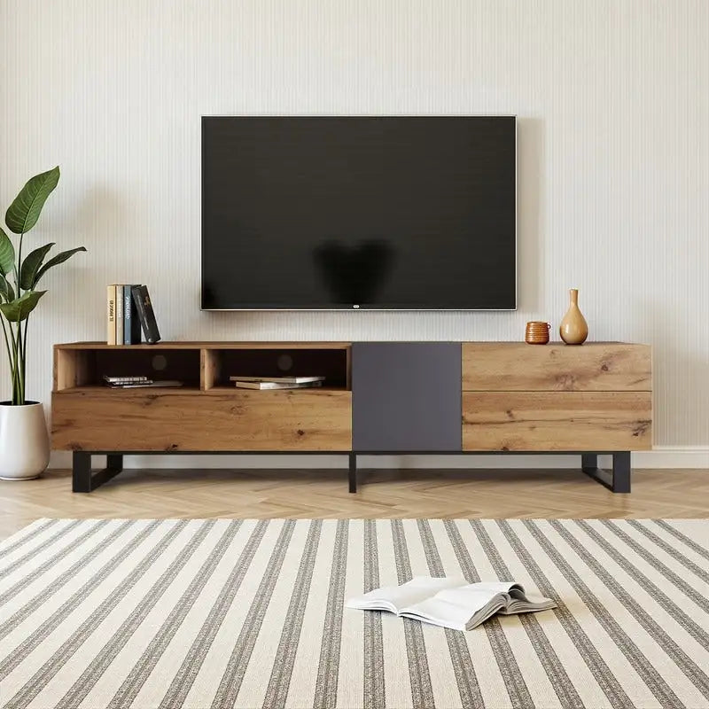 Meuble TV de 178 cm avec portes abattantes, tiroirs et étagères ouvertes