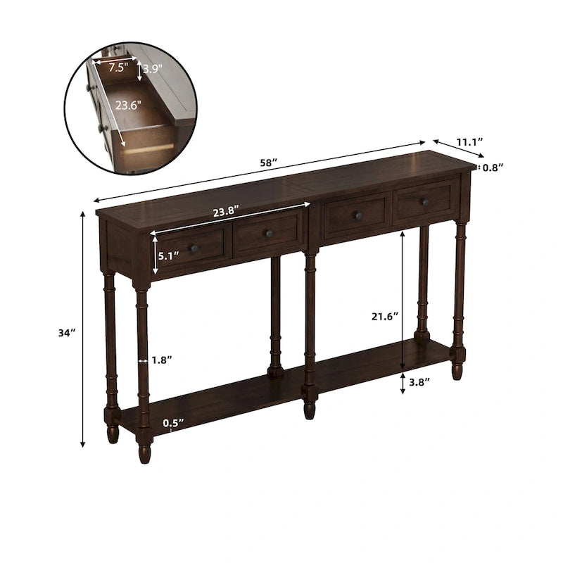 Console rustique avec tiroirs et étagère inférieure