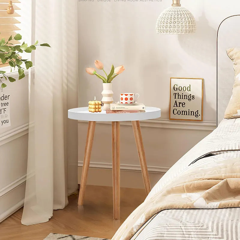 Table d'appoint ronde avec plateau en bois et pieds en bambou