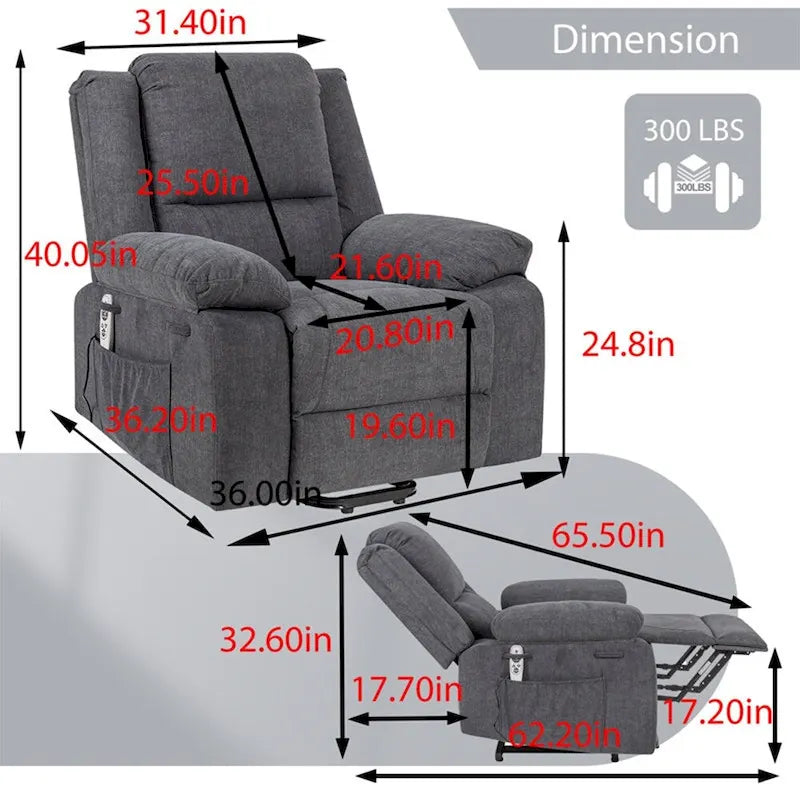 Fauteuil inclinable releveur avec massage et chauffage lombaire