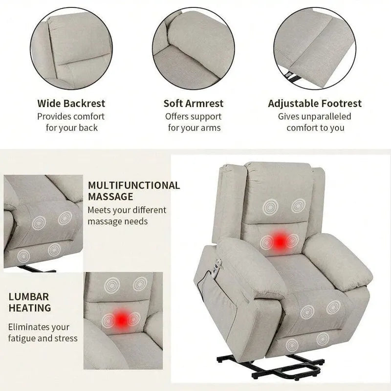 Fauteuil inclinable releveur avec massage et chauffage lombaire
