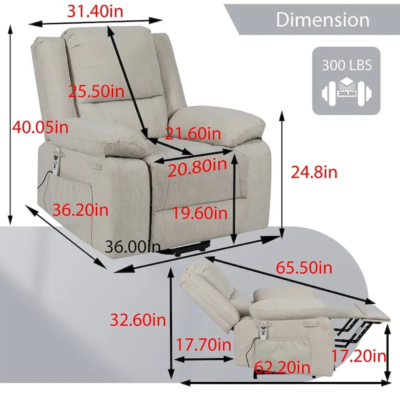 Fauteuil inclinable releveur avec massage et chauffage lombaire