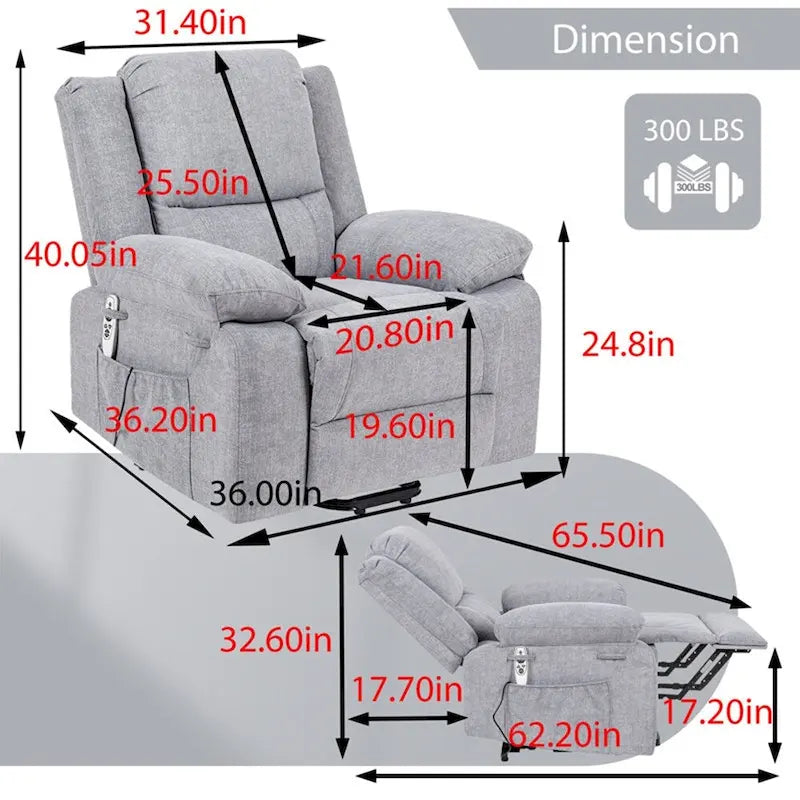 Fauteuil inclinable releveur avec massage et chauffage lombaire