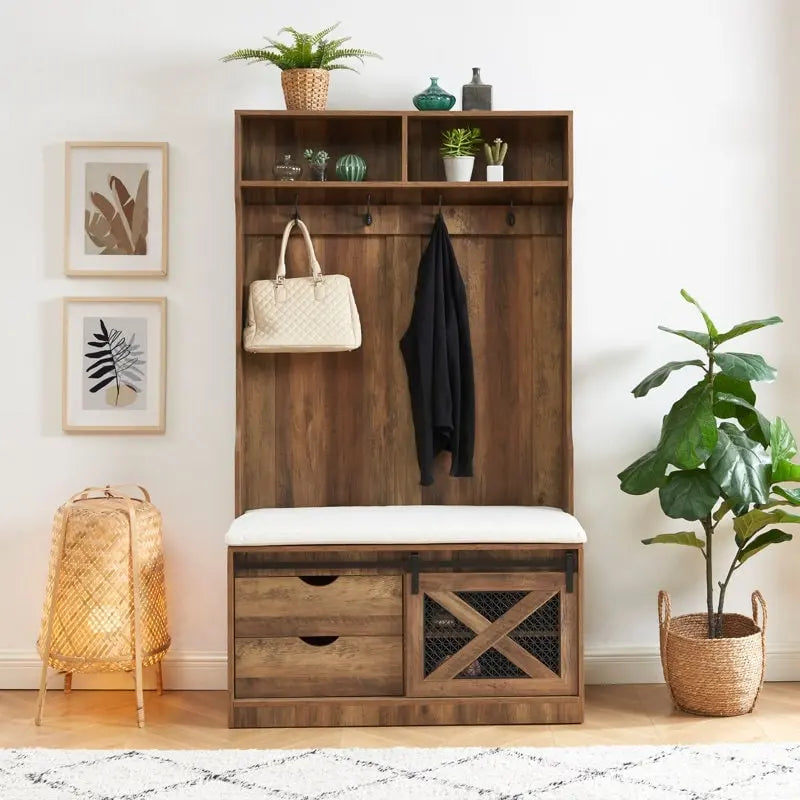 40.6 W Wood Hall Tree with Bench and Shoe Storage