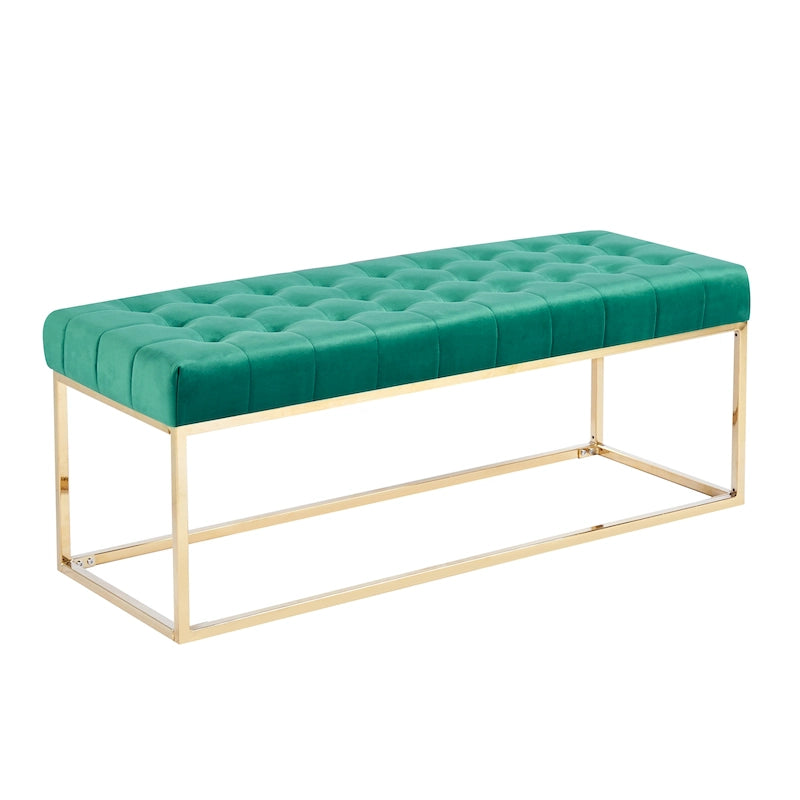 Banc tapissé en velours capitonné avec pieds en chrome doré