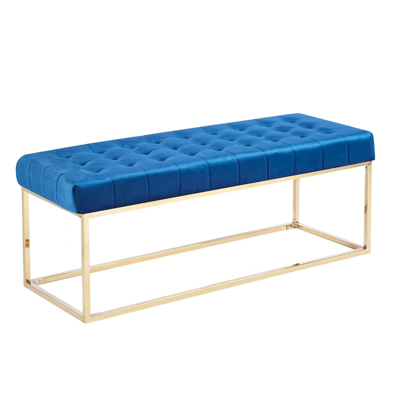 Banc tapissé en velours capitonné avec pieds en chrome doré