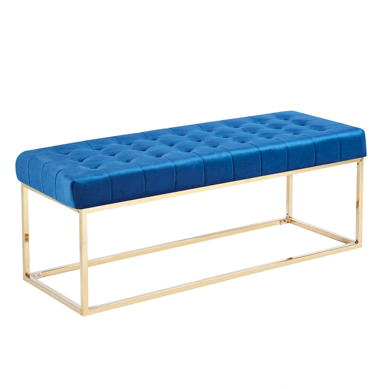 Banc tapissé en velours capitonné avec pieds en chrome doré