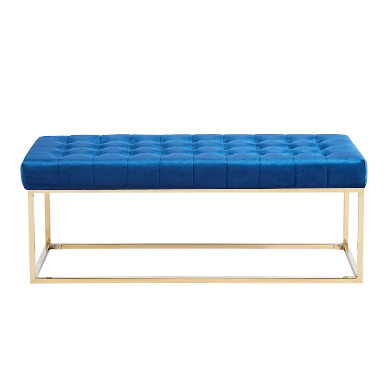 Banc tapissé en velours capitonné avec pieds en chrome doré
