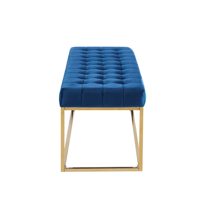 Banc tapissé en velours capitonné avec pieds en chrome doré