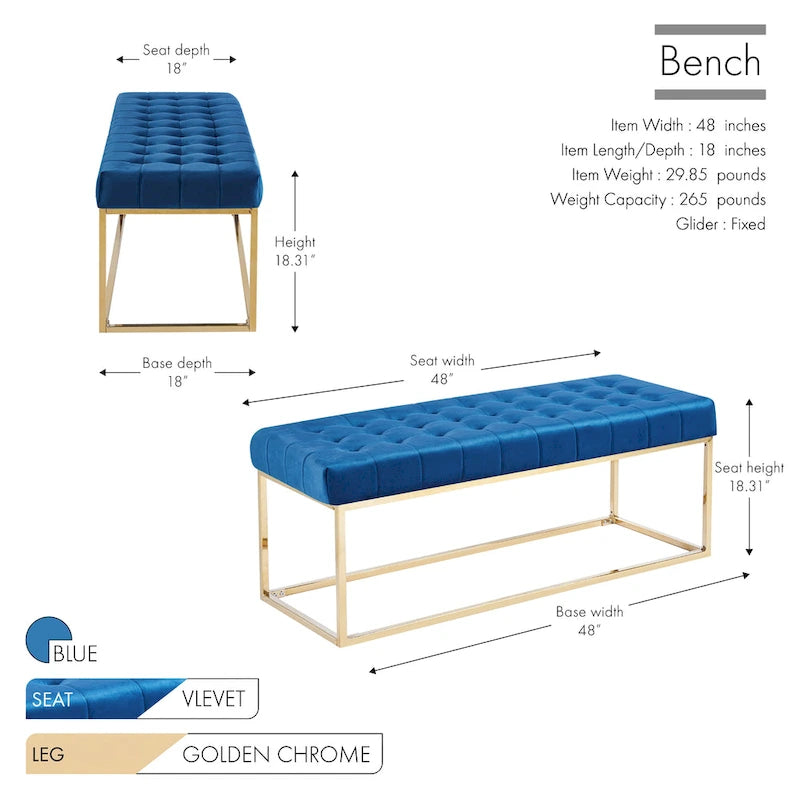 Banc tapissé en velours capitonné avec pieds en chrome doré