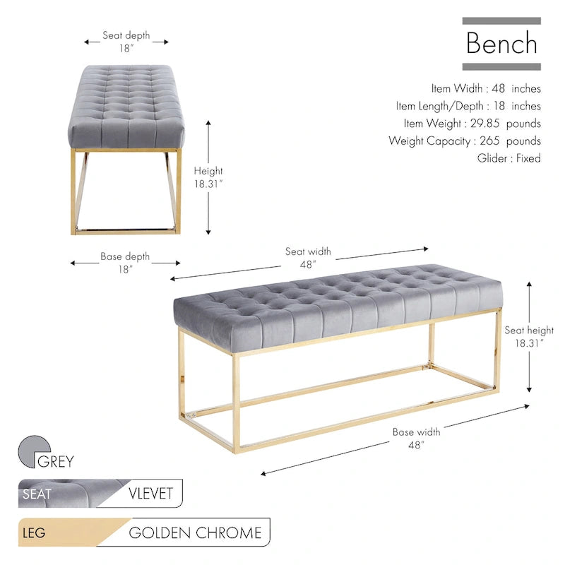 Banc tapissé en velours capitonné avec pieds en chrome doré