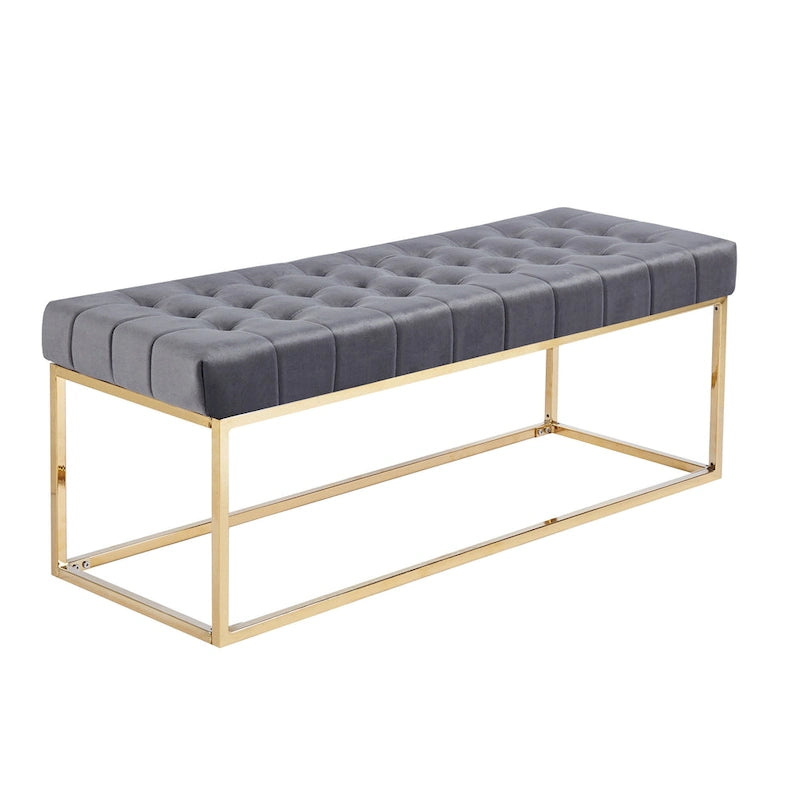Banc tapissé en velours capitonné avec pieds en chrome doré