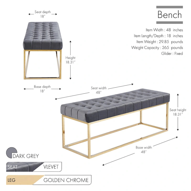 Banc tapissé en velours capitonné avec pieds en chrome doré
