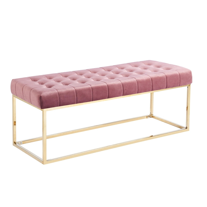 Banc tapissé en velours capitonné avec pieds en chrome doré