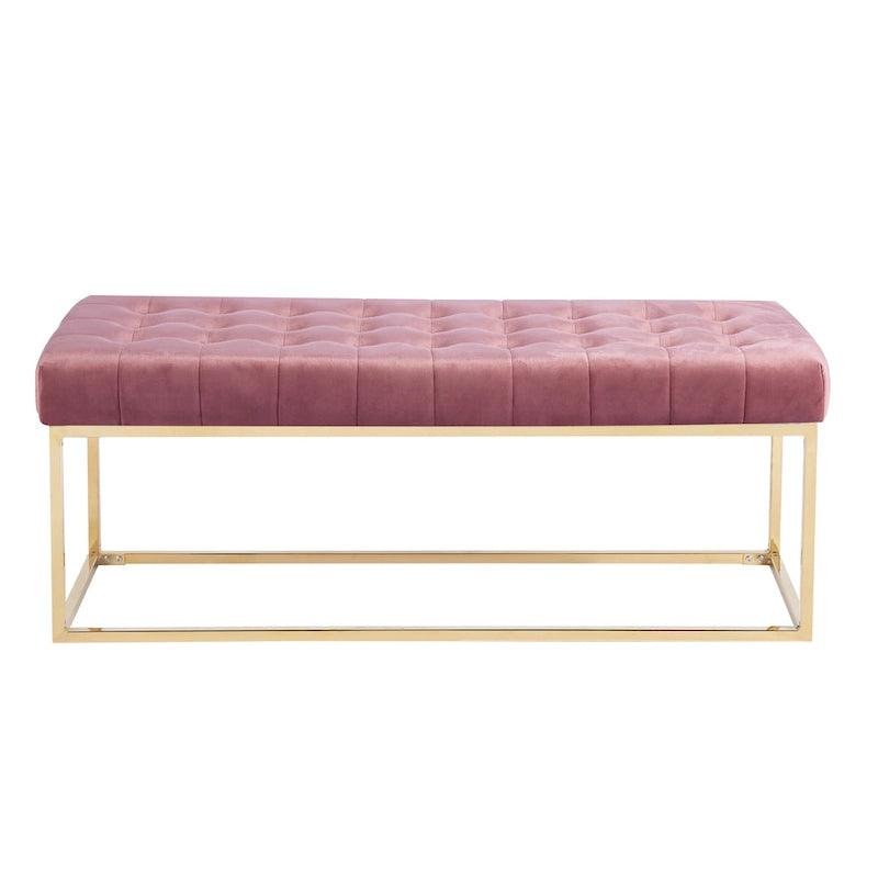 Banc tapissé en velours capitonné avec pieds en chrome doré