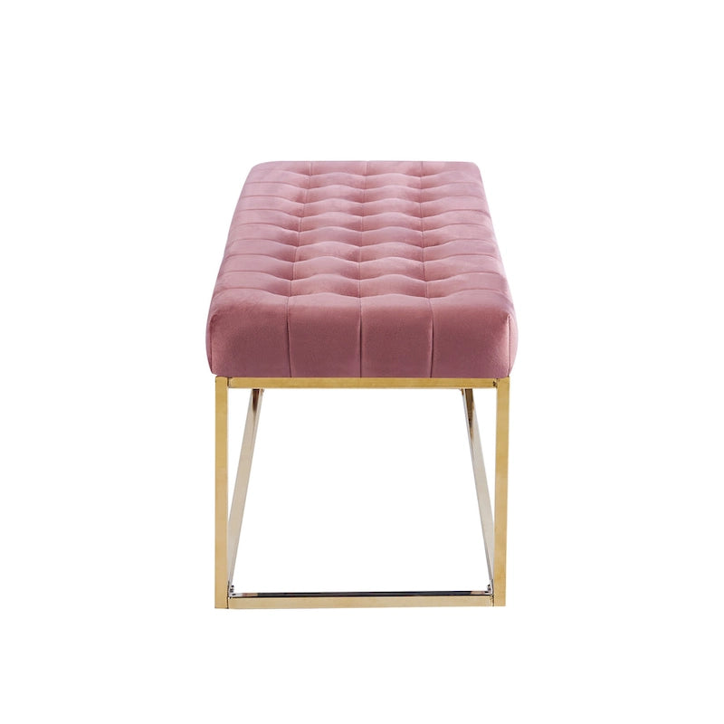 Banc tapissé en velours capitonné avec pieds en chrome doré