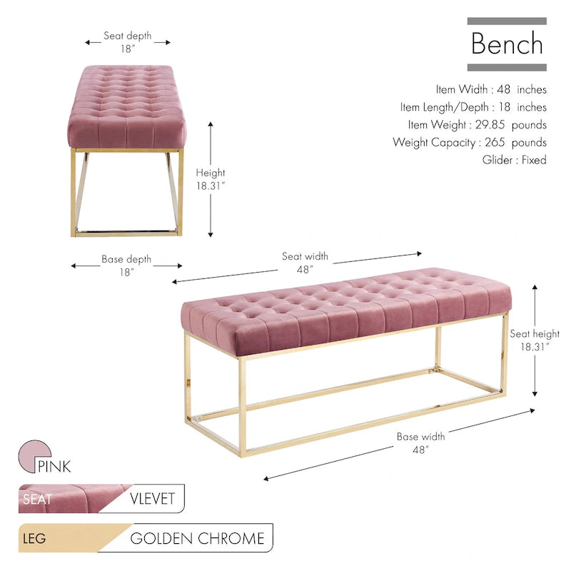 Banc tapissé en velours capitonné avec pieds en chrome doré