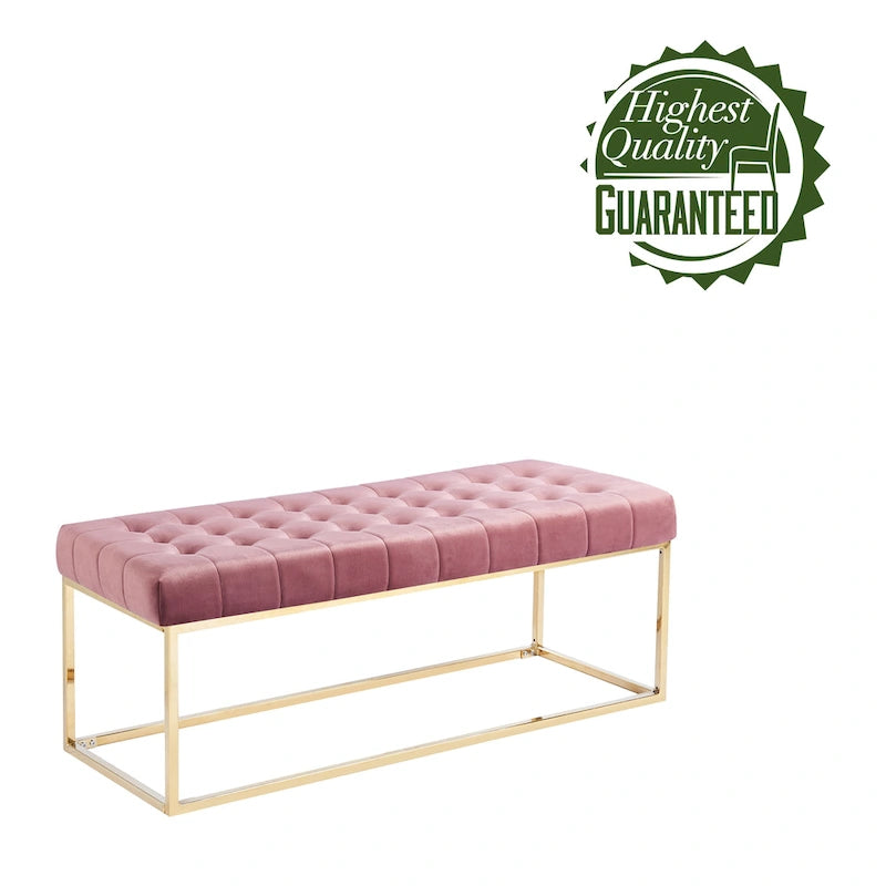 Banc tapissé en velours capitonné avec pieds en chrome doré