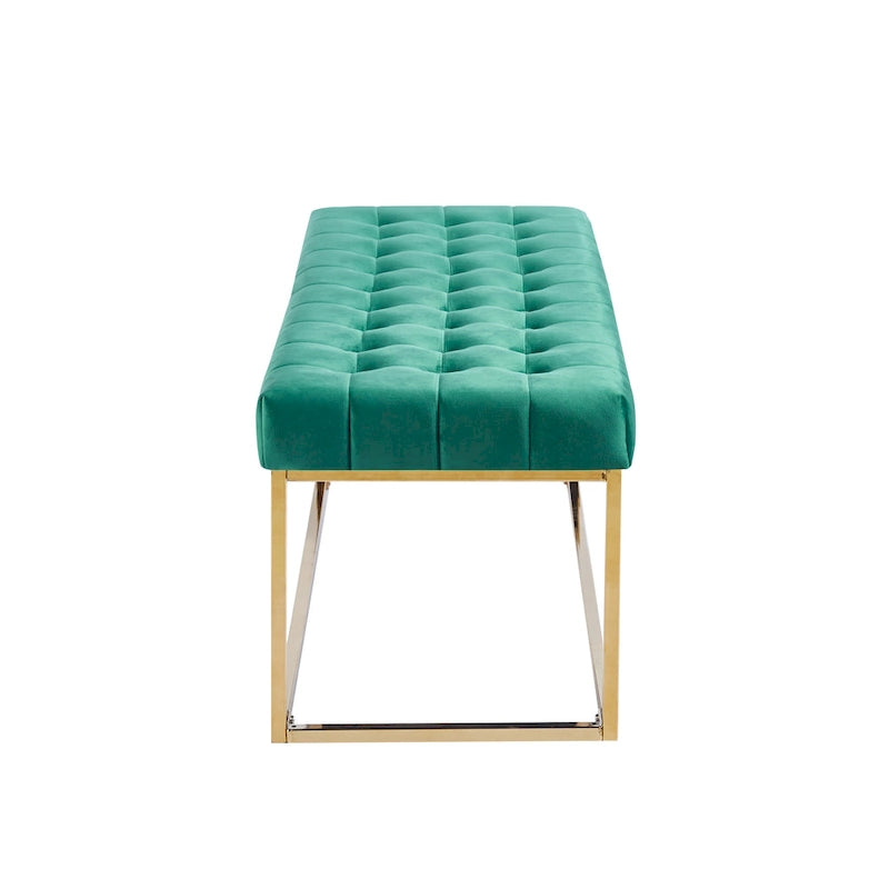 Banc tapissé en velours capitonné avec pieds en chrome doré