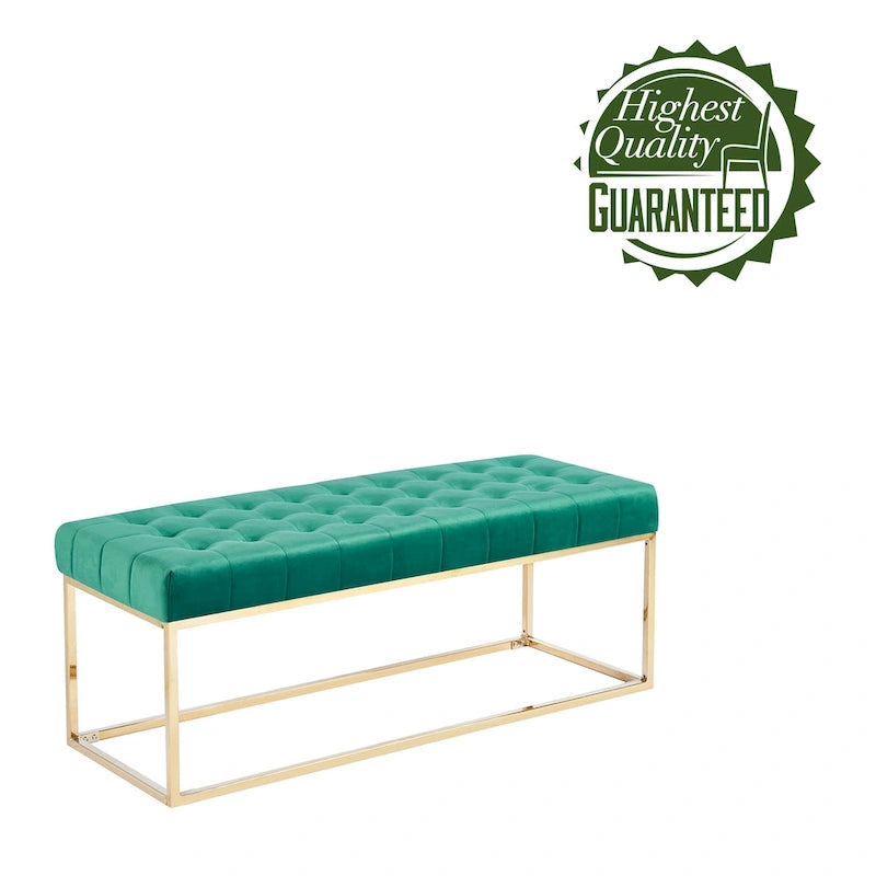 Banc tapissé en velours capitonné avec pieds en chrome doré