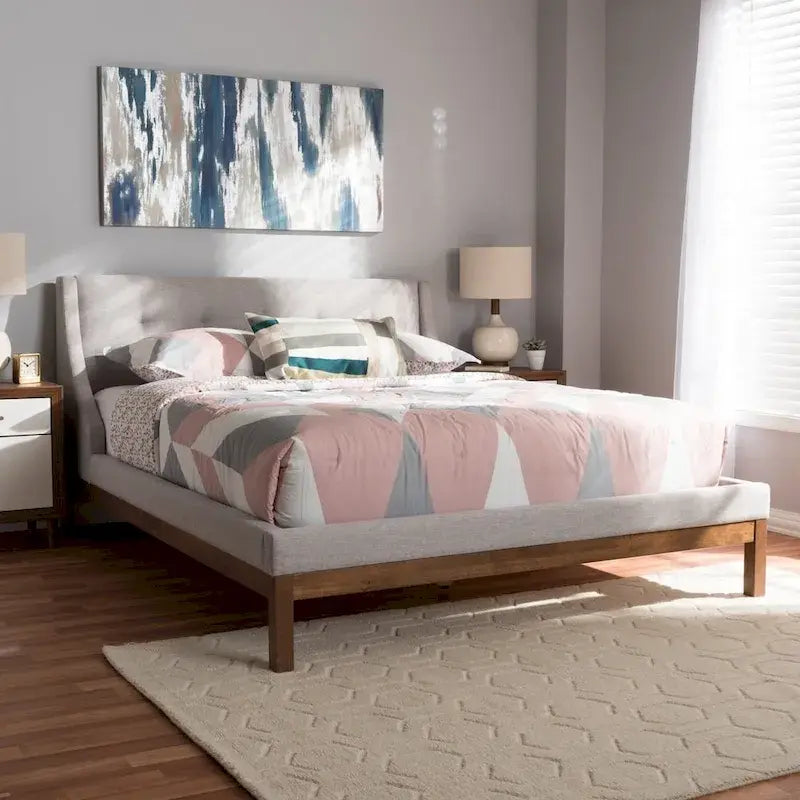 Lit plateforme contemporain en tissu avec tête de lit ailée