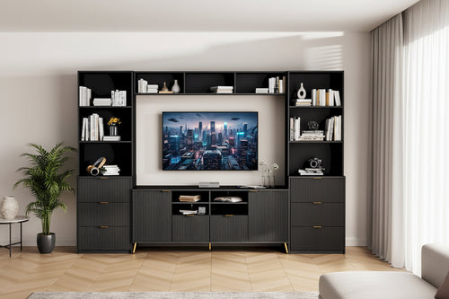 Ensemble meuble TV mural 4 pièces avec 13 étagères, 8 tiroirs et 2 placards – Meuble de rangement multimédia