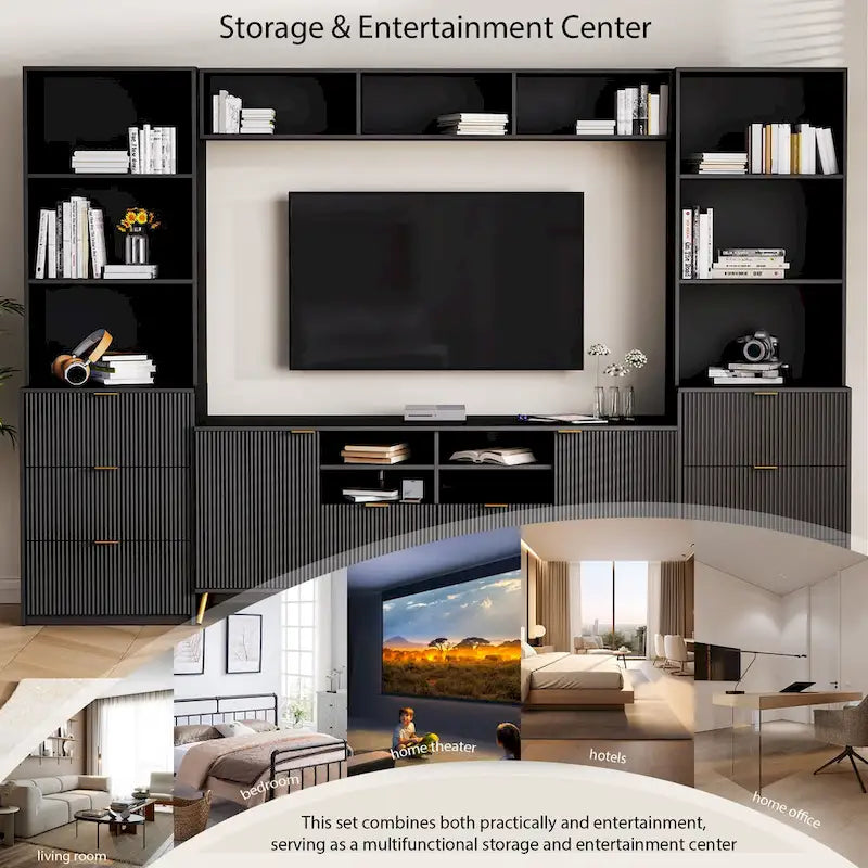 Ensemble meuble TV mural 4 pièces avec 13 étagères, 8 tiroirs et 2 placards – Meuble de rangement multimédia