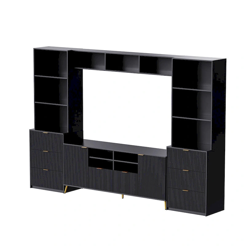 Ensemble meuble TV mural 4 pièces avec 13 étagères, 8 tiroirs et 2 placards – Meuble de rangement multimédia