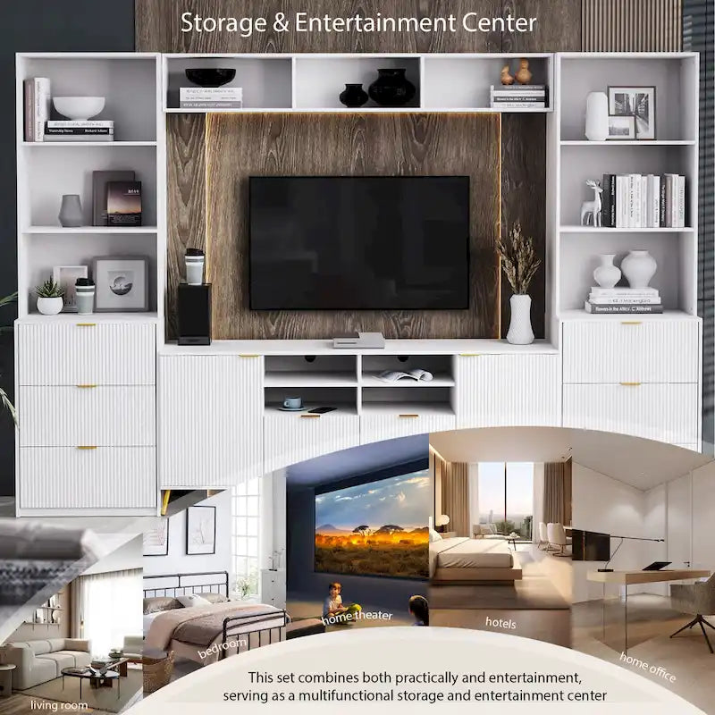 Ensemble meuble TV mural 4 pièces avec 13 étagères, 8 tiroirs et 2 placards – Meuble de rangement multimédia
