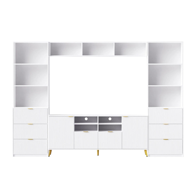 Ensemble meuble TV mural 4 pièces avec 13 étagères, 8 tiroirs et 2 placards – Meuble de rangement multimédia