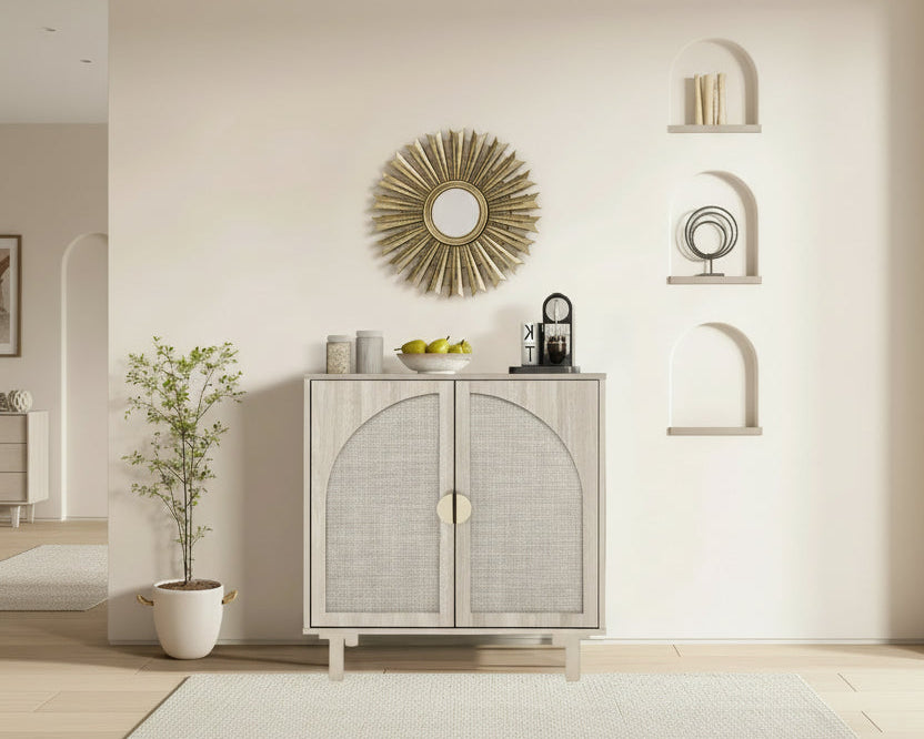 Rattan Storage Accent Cabinet with Doors, Sideboard Buffet Cabinet - 29.53Lx15.75Wx31.5H