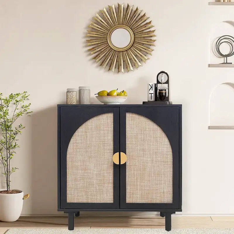Meuble de rangement bas avec portes en rotin – 75 cm (L) x 40 cm (l) x 80 cm (H)