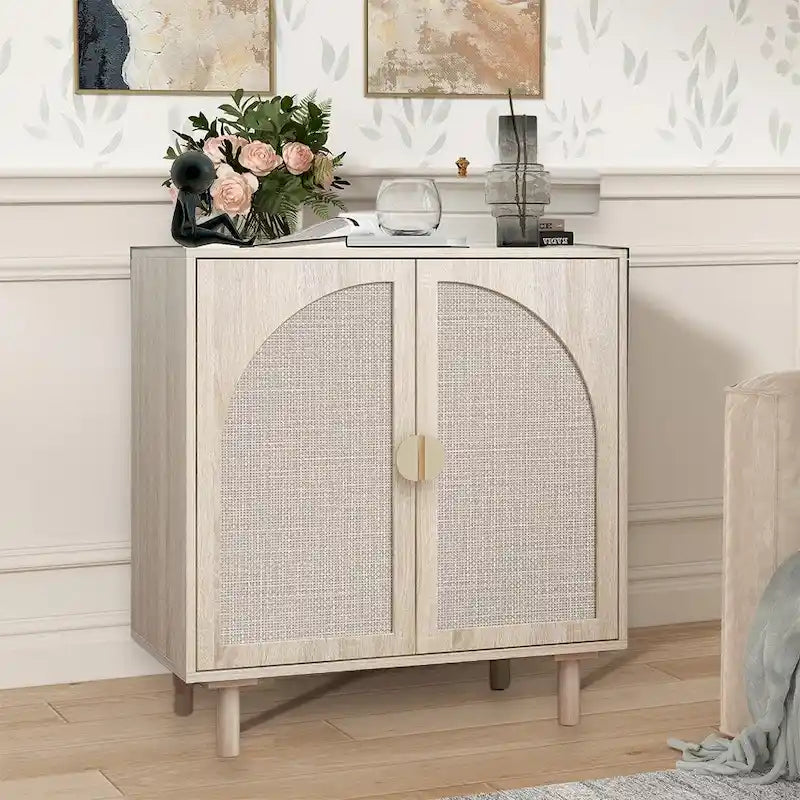 Meuble de rangement bas avec portes en rotin – 75 cm (L) x 40 cm (l) x 80 cm (H)