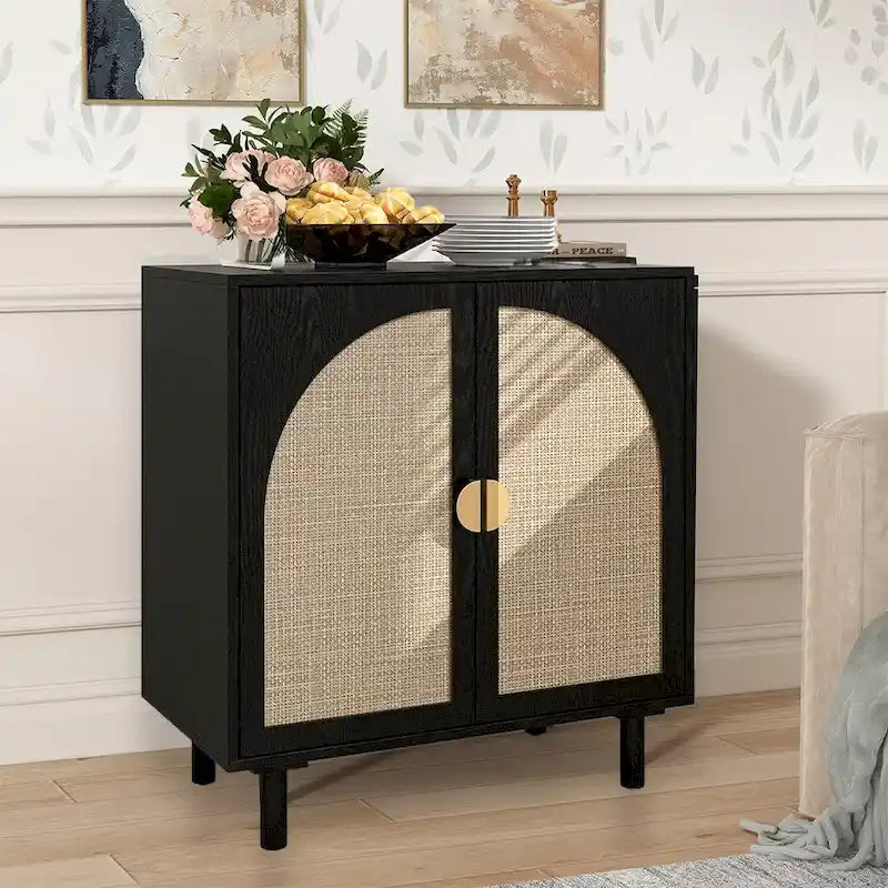 Meuble de rangement bas avec portes en rotin – 75 cm (L) x 40 cm (l) x 80 cm (H)
