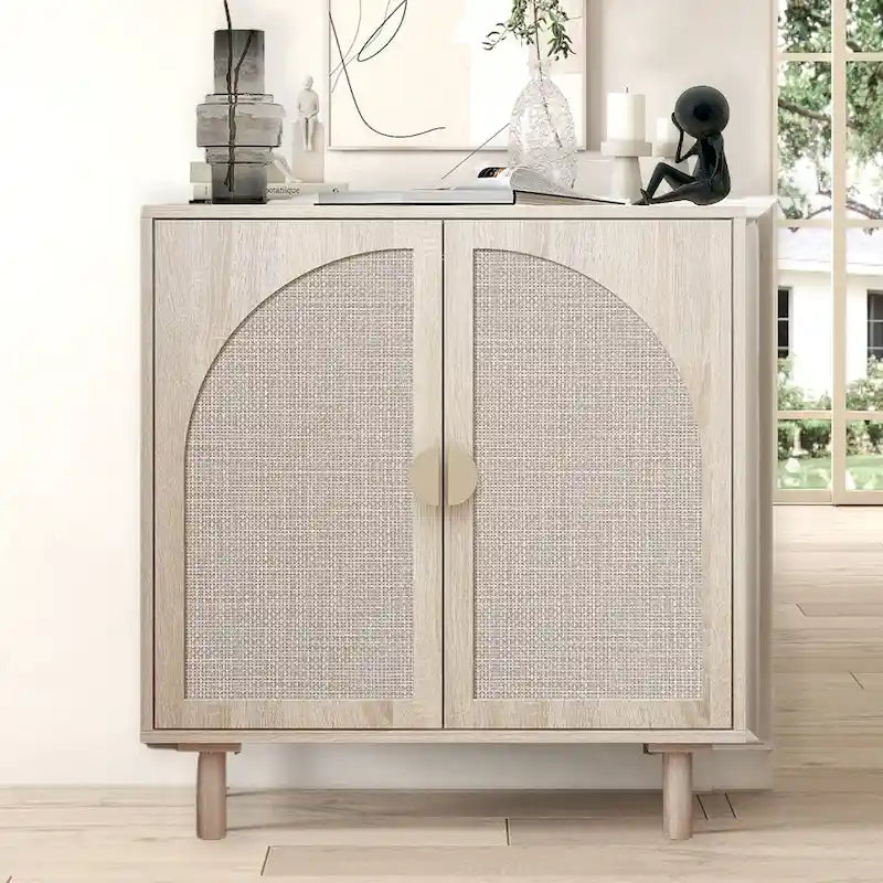 Meuble de rangement bas avec portes en rotin – 75 cm (L) x 40 cm (l) x 80 cm (H)
