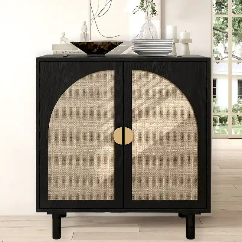 Meuble de rangement bas avec portes en rotin – 75 cm (L) x 40 cm (l) x 80 cm (H)