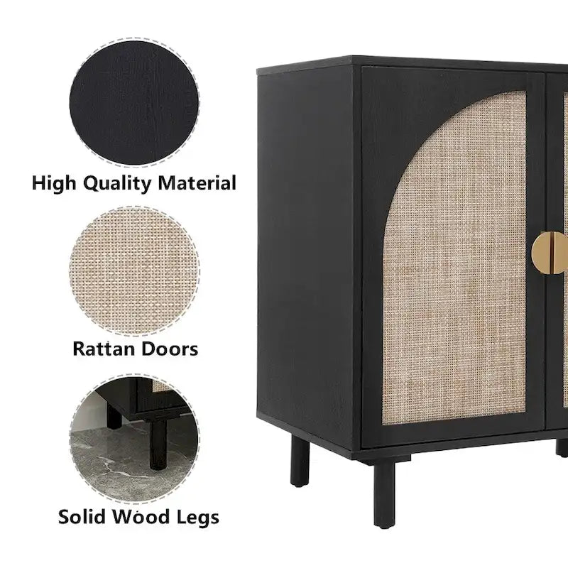 Meuble de rangement bas avec portes en rotin – 75 cm (L) x 40 cm (l) x 80 cm (H)