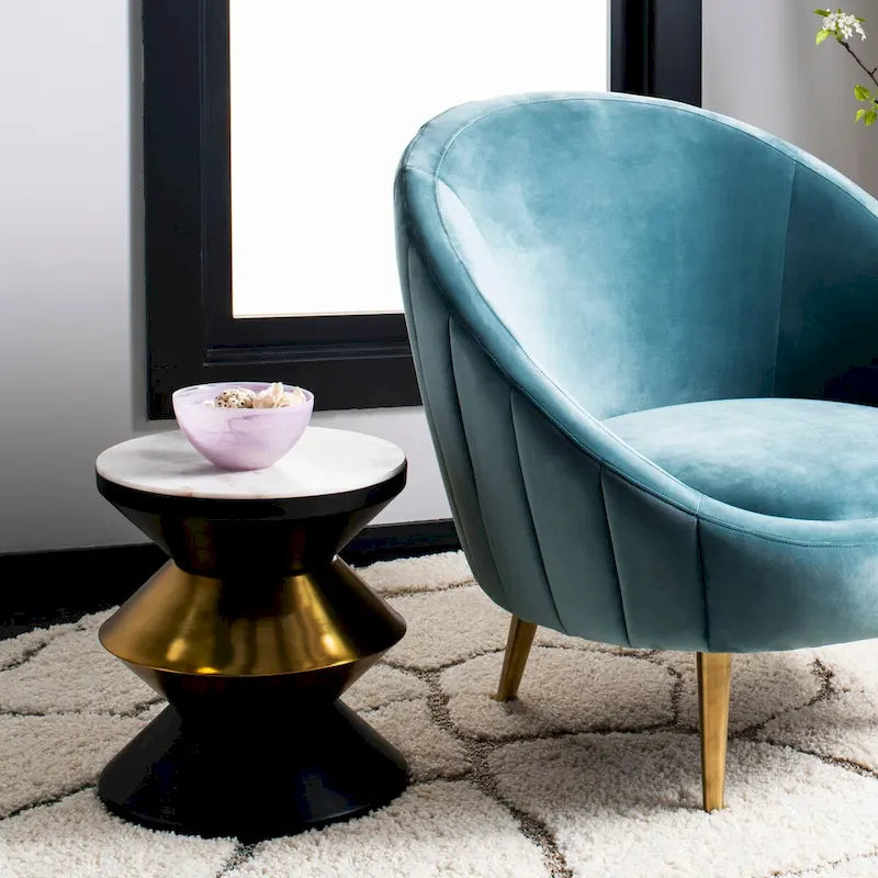 Table d'appoint Margunde noire et dorée avec plateau en pierre – 36,3 cm x 36,3 cm x 38,1 cm H