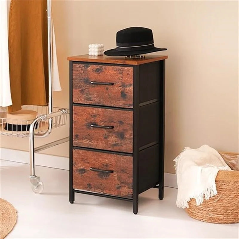 Commode de rangement en tissu à 3 tiroirs avec plateau en bois