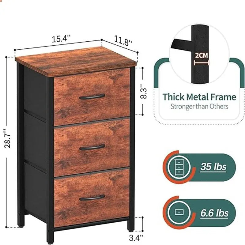 Commode de rangement en tissu à 3 tiroirs avec plateau en bois
