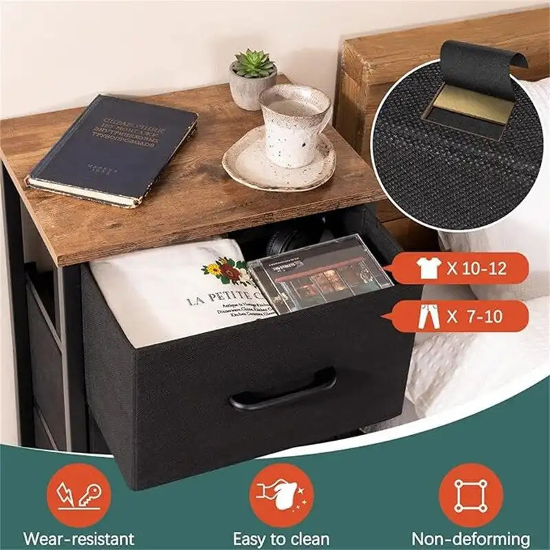 Commode de rangement en tissu à 3 tiroirs avec plateau en bois