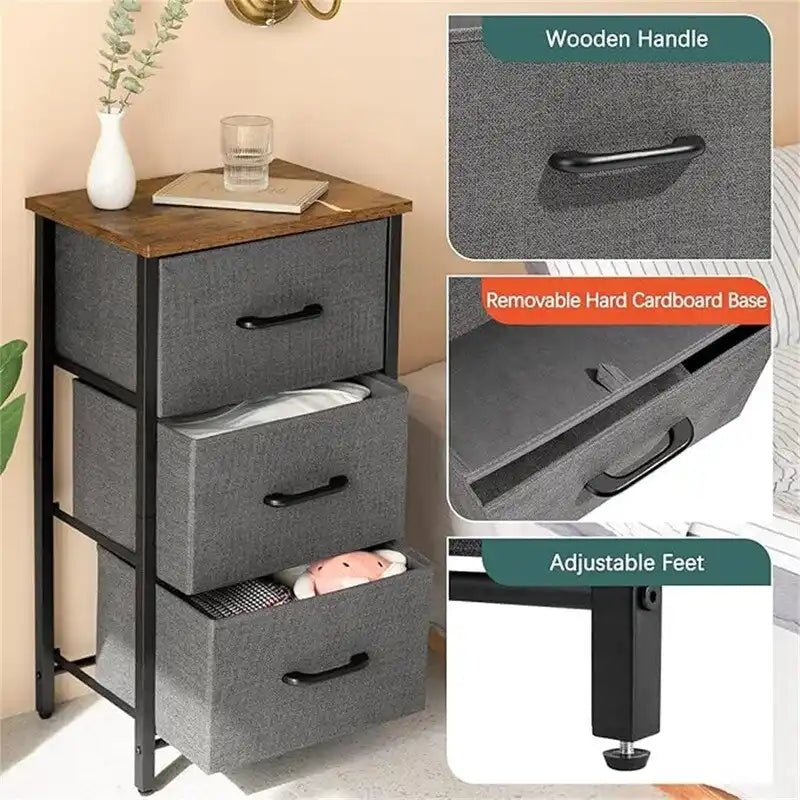 Commode de rangement en tissu à 3 tiroirs avec plateau en bois