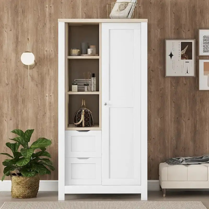 Armoire de rangement de chambre à coucher avec tringles de suspension, 2 tiroirs et étagères ouvertes