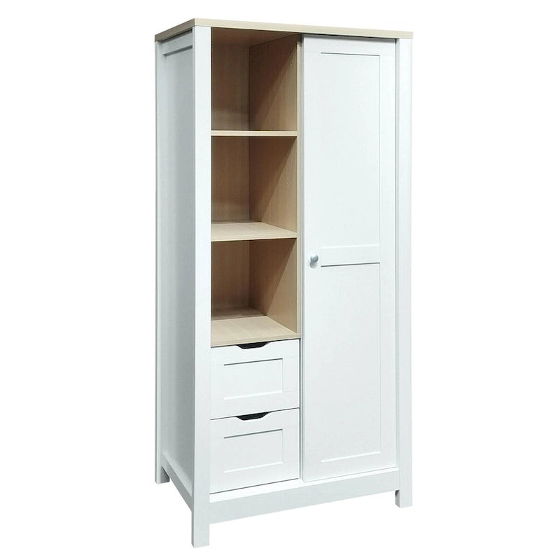 Armoire de rangement de chambre à coucher avec tringles de suspension, 2 tiroirs et étagères ouvertes