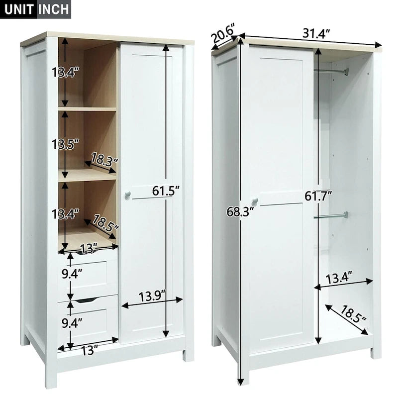 Armoire de rangement de chambre à coucher avec tringles de suspension, 2 tiroirs et étagères ouvertes