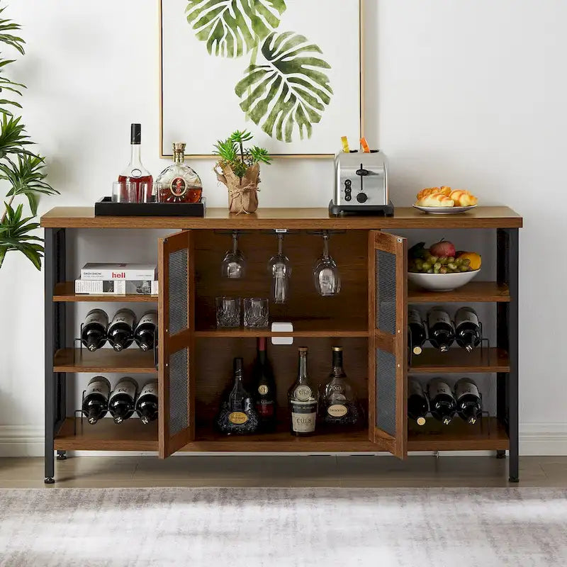 Meuble de bar à vin avec porte-bouteilles et porte-verres, 140 cm (L) x 35 cm (P) x 77 cm (H)