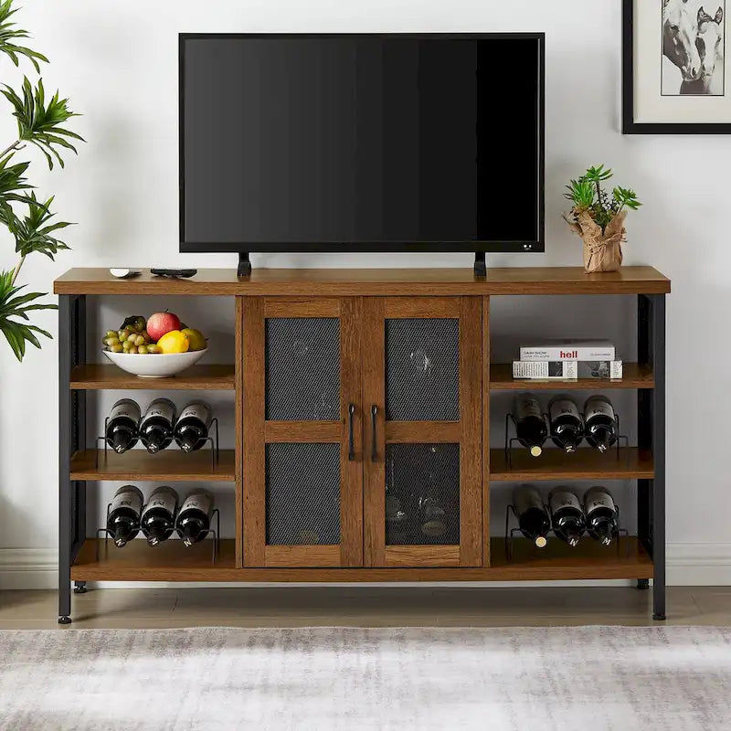Meuble de bar à vin avec porte-bouteilles et porte-verres, 140 cm (L) x 35 cm (P) x 77 cm (H)