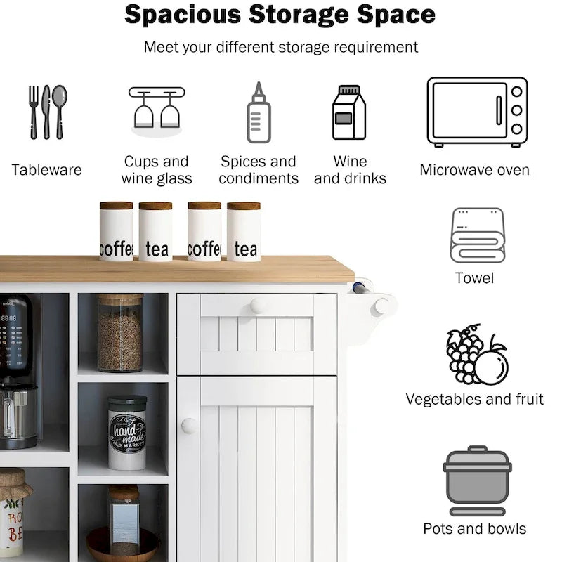 Meuble de cuisine roulant avec support pour micro-ondes, tiroirs et étagères ouvertes